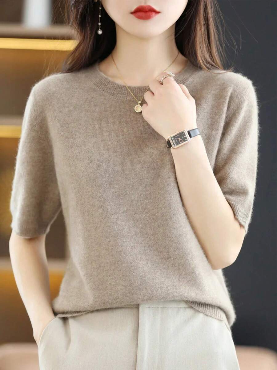 Camiseta de punto de manga corta para mujer, cuello redondo, mezcla de algodón de lana, Jersey, chaleco, Tops de fondo de verano, suéter sólido suave, nuevo - Camello Claro - Ver 1