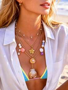 Bộ 2 vòng cổ hạt cườm thiết kế Bohemian thanh lịch, đính vỏ sò và ngọc trai giả, thích hợp cho du lịch biển và đeo hàng ngày. - Nhiều màu - Xem 1
