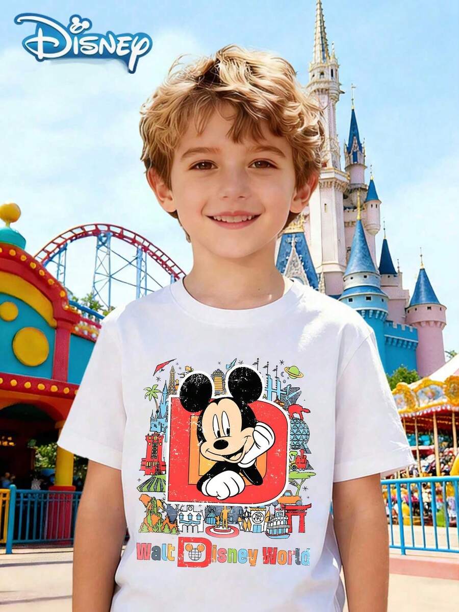Disney Licensed Children's Printed T-Shirt, 'Step Into The World Of Disney,' Mickey Mouse Printed T-Shirt, Fun, Lively, Full Of Energy, Comfortable And Breathable, Suitable For Playing And Vacation Wear, Suitable For Boys And Girls - 白色 - 查看 1