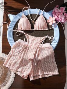 Bộ bikini nữ phong cách Bohemian sọc vàng trắng, vải móc, dây rút, kèm quần đi biển ống rộng lưới rỗng màu hồng - Hồng - Xem 2