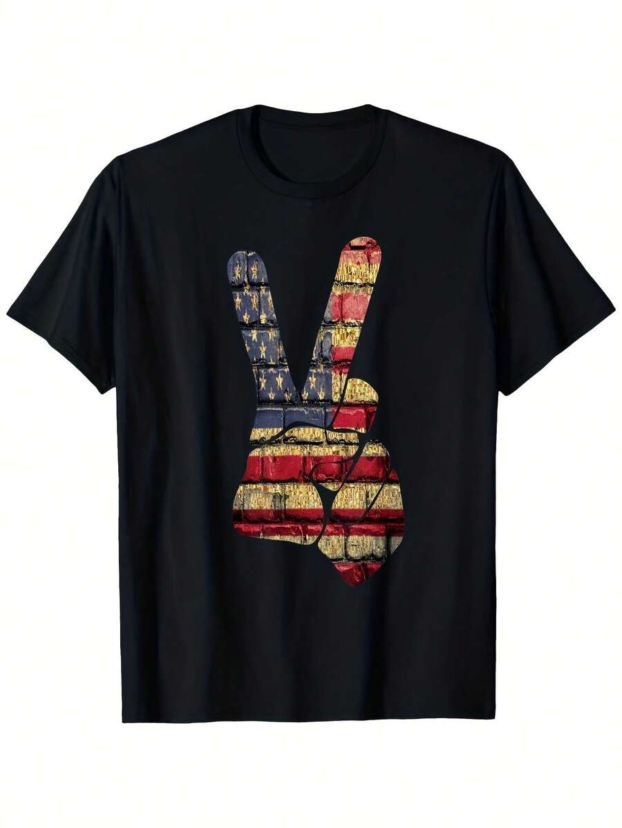 Patriotic Peace Sign Vintage American Flag T Shirt Breathable & Machine Washable Round Neck Tee For Men And Women Casual Style Peace Sign T ShirtComfortable Tee Graphic Print Shirt AllSeason Tee For Everyday Outdoor Activities - 黑色 - 查看 1