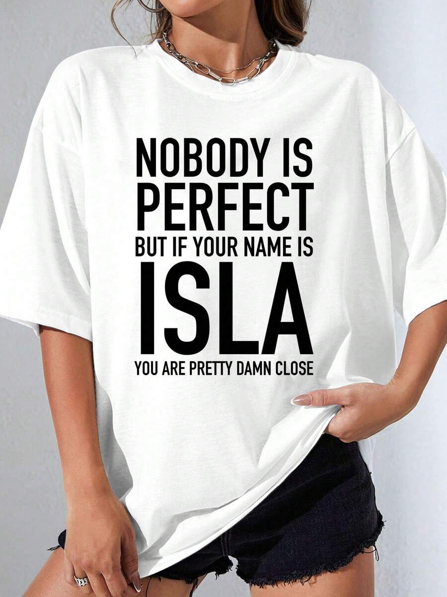 Divertido "Nadie es perfecto, pero si su nombre es Isla" Camiseta de mujer - Nombre cotización camiseta con impresión Isla, cuello de tripulación suave transpirable manga corta Top para & Mujeres, Madres, cumpleaños, regalos (blanco/negro), Camisetas para las mujeres, Tops de las mujeres, Camisetas de las mujeres, Ropa única Mujeres, Camisetas de las mujeres, Camisetas de las señoras, Camisetas para las mujeres, Tops para las mujeres