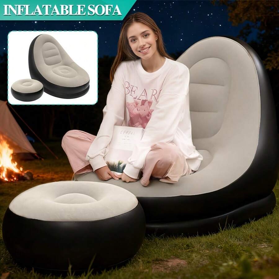Modern Inflatable Leisure Chair With Footrest, Portable PVC Slouchy Sofa, Thickened With Cushion Air Sofa, Plastic Frame Multi-Functional Mixed Color Design, Suitable For Living Room, Bedroom, Balcony, Camping, Outdoor - Comfortable and Casual Style - View 1