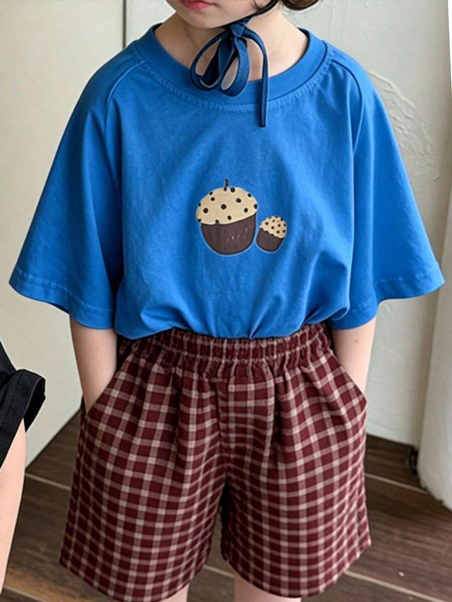 Top de manga corta sencillo, informal y bonito con estampado para niños, ideal para el verano. - Azul - Ver 1