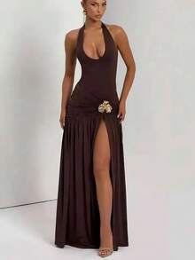 Blifanbo Elegant Sexy Split Backless Maxi Dress Set Women Halter Bodysuit And Maxi Skirt Matching Set Female Ruched Dress Sets - trắng - Xem 7