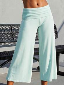 Women's Capri Pants Fold Over Waistband Low Rise Solid Color Wide Leg Cropped Lounge Trousers - Sky Blue - View 1