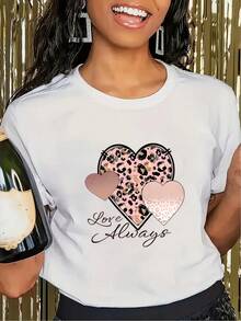 Valentine's Day Pink Leopard Heart Print Casual Crew Neck Short Sleeve T-Shirt Top - 白色 - 查看 1