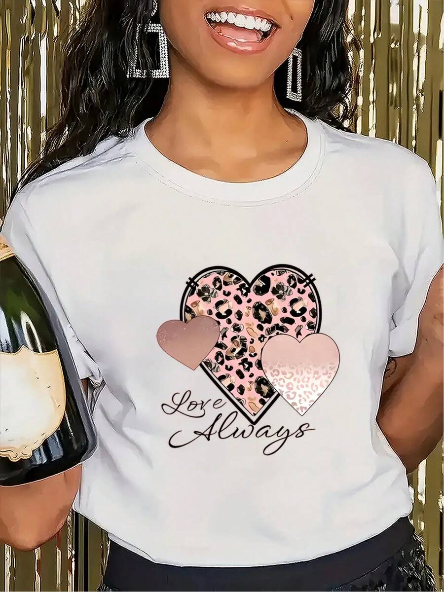 Valentine's Day Pink Leopard Heart Print Casual Crew Neck Short Sleeve T-Shirt Top - 白色 - 查看 1