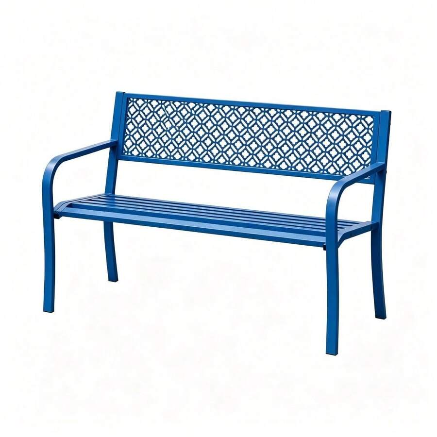Outdoor Metal Garden Bench For 2 Person, Heavy Duty Steel Patio Bench 790 Lbs Capacity, Weather Resistant Black Porch Seating With Geometric Backrest, Outdoor Furniture For Yard, Deck, Entryway - Blue - View 1