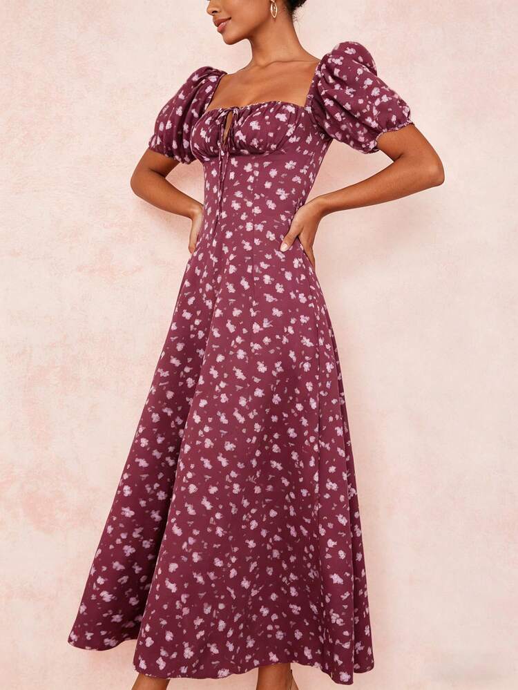 2026 Spring New Women's Clothing: Cross-Border European And American Dress, Elegant Floral Print Long Dress With Slit And Tie - 酒紅色 - 查看 5