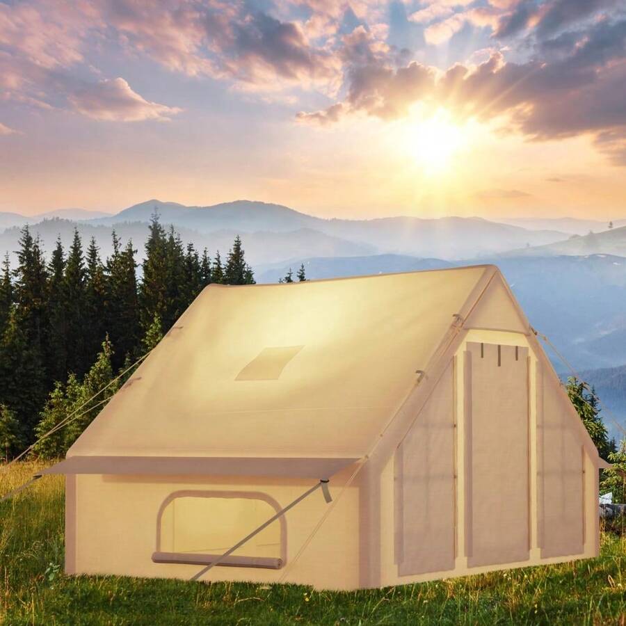 Inflatable Camping Tent For 6-8 Person, Waterproof Quick Setup Blow Up Tents With Pump, Oxford Inflatable House Luxury Air Tent For Camping & Outdoor Adventures, Air Glamping Tents - Khaki - View 1