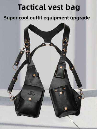 Bolso de pecho de cuero sintético retro para hombres, bolso con múltiples bolsillos y correa ajustable, bolso táctico impermeable para el hombro, adecuado para uso en exteriores y estilo urbano