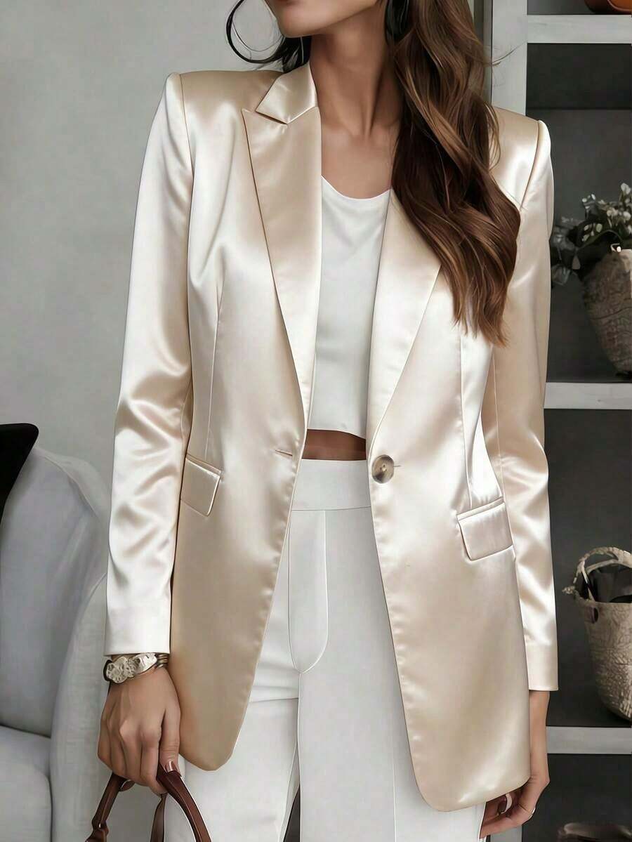 Chaqueta de manga larga de satén con un solo botón, con bolsillos, silueta ajustada, ropa elegante para mujer - Albaricoque - Ver 1