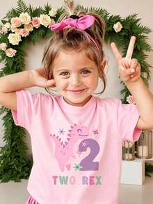 Top de manga corta sencillo, informal y bonito con estampado para niños, ideal para el verano. - Rosa - Ver 6