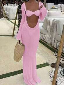 Nuevo vestido de primavera/verano para mujer: Vestido de punto largo con escote en V profundo, cintura ajustada y diseño calado, apropiado para la playa, el mar y las vacaciones de natación - Rosa melocotón claro - Ver 9