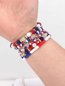 Bộ 5 vòng tay đính hạt kiểu Ngày Độc lập, vòng tay co giãn Heishi có thể xếp chồng lên nhau, vòng tay phong cách Bohemian dành cho nữ với họa tiết ngôi sao, nơ và hạt cườm, Ngày Độc lập của Hoa Kỳ. - Vòng đeo tay - Xem 3
