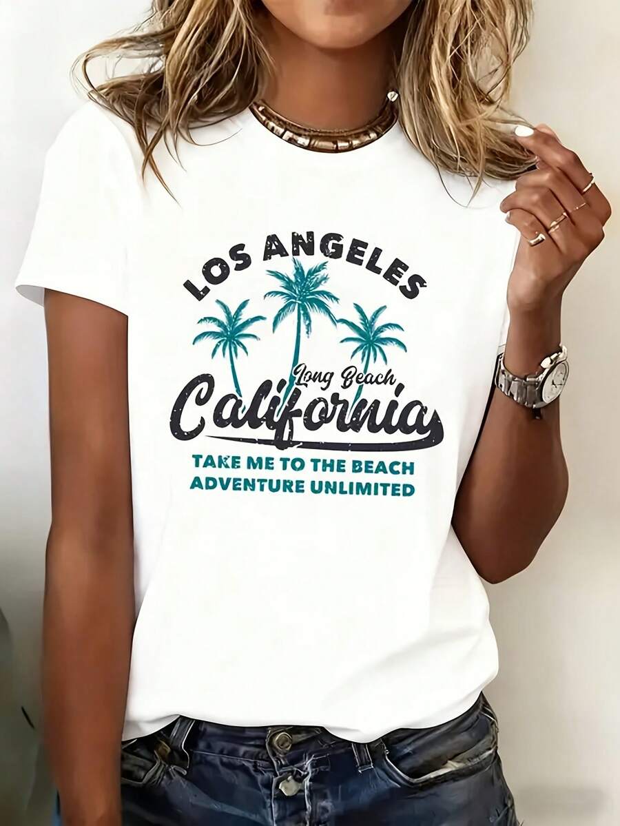 Camiseta de manga corta de cuello redondo de 1 pieza de mujer | Impresión de moda y característica, estilo de playa, viajes informales, adecuado para primavera, otoño y verano, uso diario, ideal para vestir y regalos de vacaciones