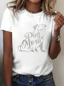 Pug mamá imprimir camiseta, manga corta cuello de tripulación top casual para verano y primavera, ropa de mujer - Blanco - Ver 2