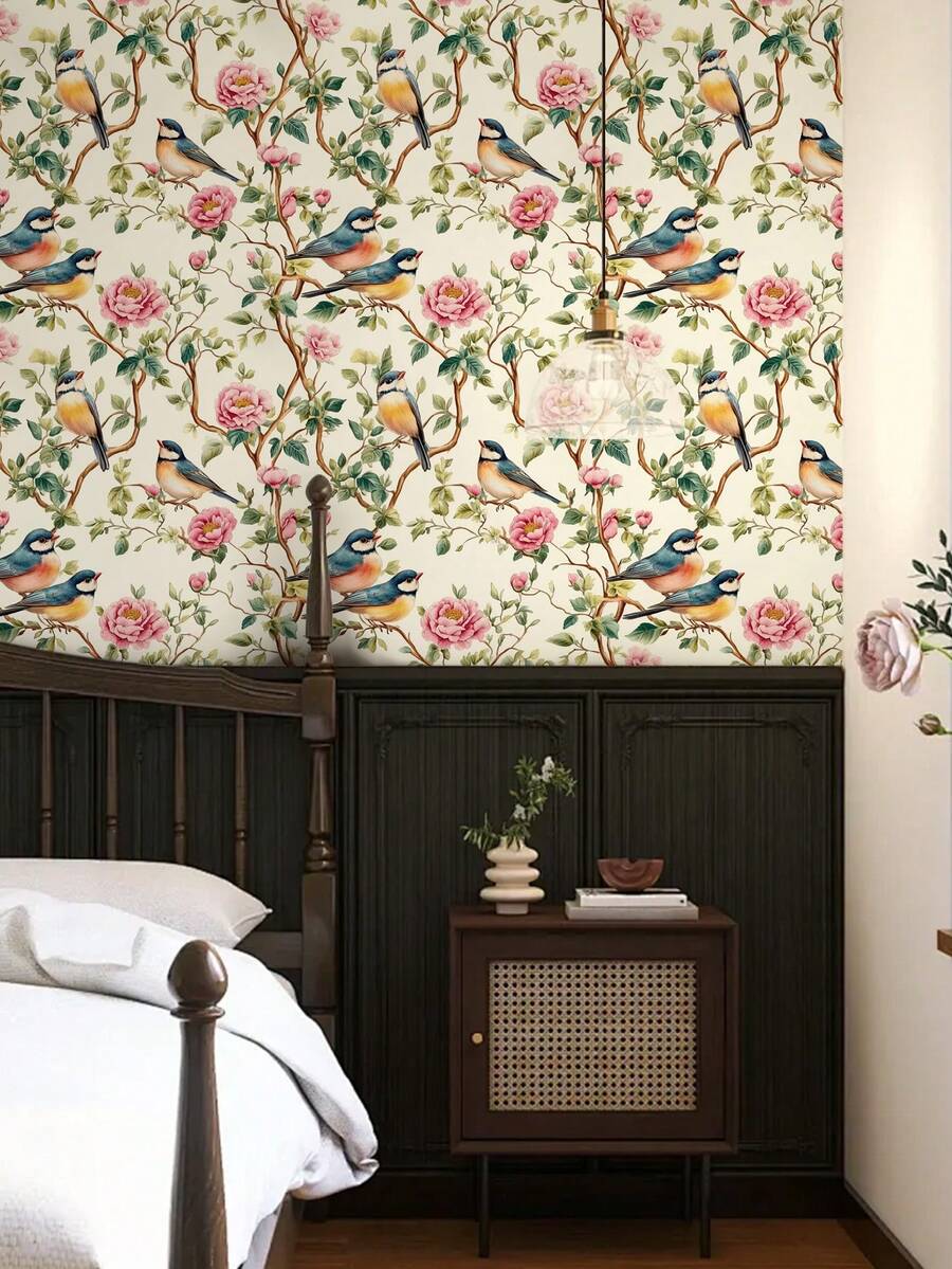 1 Roll Green Tree Branch & Bird Pattern Peel And Stick Wallpaper, Removable Waterproof Decorative Wall Sticker, Home Decor Wall Art, Suitable For Spring Decor, Birthday, Graduation And Other Holiday Gifts - HCQ24266 - View 1