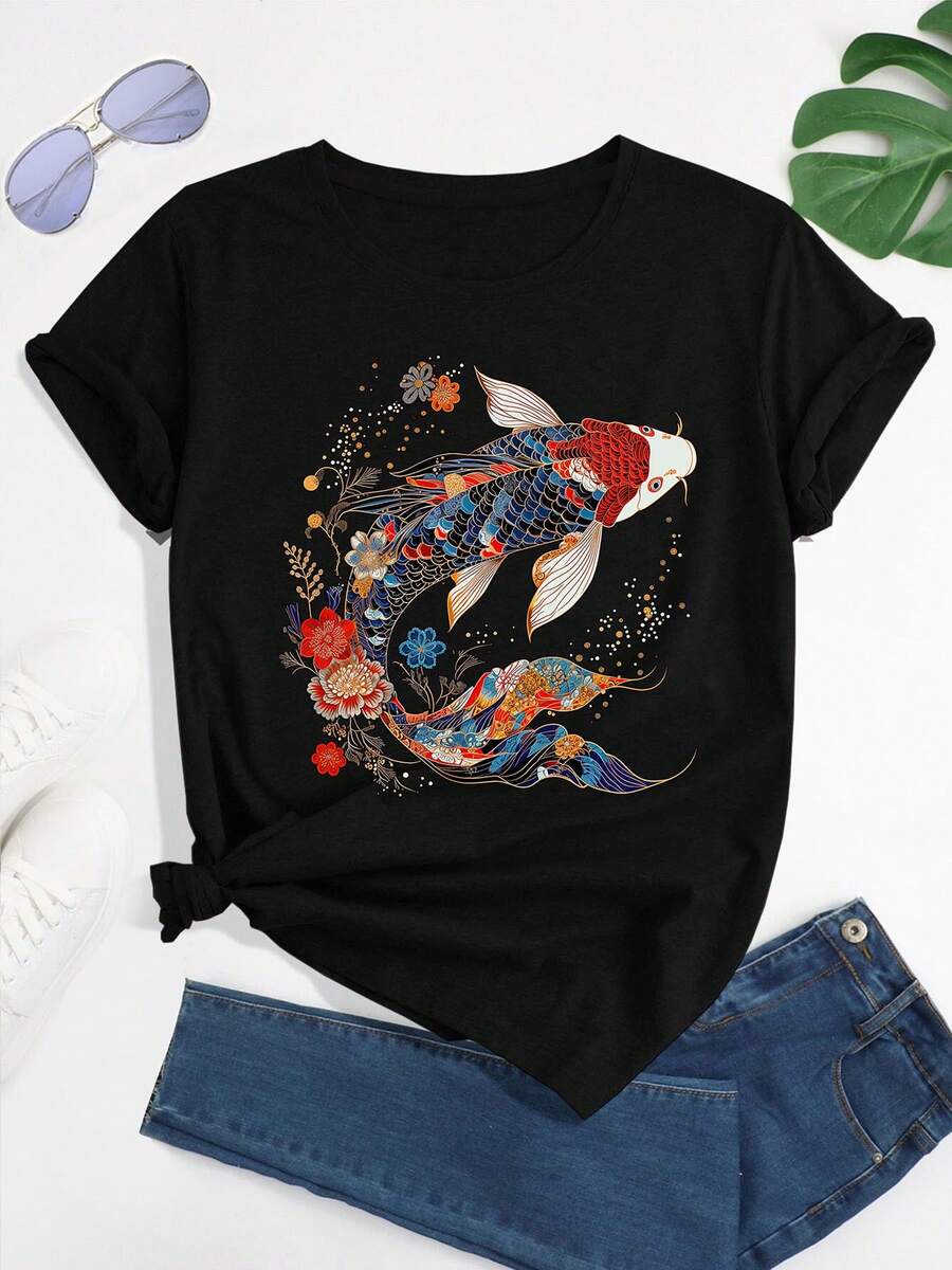 [Floral Koi Print T-Shirt] Koi Fish Vintage Flower Pattern Japanese Art Floral Koi Carp Print T-Shirt - Short Sleeve Crew Neck Casual Top For Summer & Spring - Women's Clothing - 黑色 - 查看 1