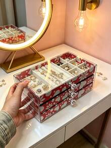 1pc 5/3/1 Layer Printed Acrylic Jewelry Box, Large Capacity Drawers Jewelry Organizer, Transparent Dust-Proof Storage Box For Rings, Earrings, Necklaces, Velvet Lining, Compartment Design, Ideal For Vanity Table, Desk, Gift For Girlfriend, Jewelry Accessories Storage - Multicolor - View 13