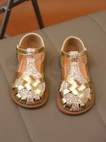 1 Pair Girls' Summer Sequin Sandals, Hollow Toe With Rhinestone Decor, Soft Wear-Resistant PU Material, Non-Slip Soft Sole Toe Protection, T-Strap Strap Toe Design, Flat Heel Sweet Princess Style Sandals, Suitable For Daily Wear, Outing, Street, Birthday, Children's Day And Other Occasions - Gold - View 2