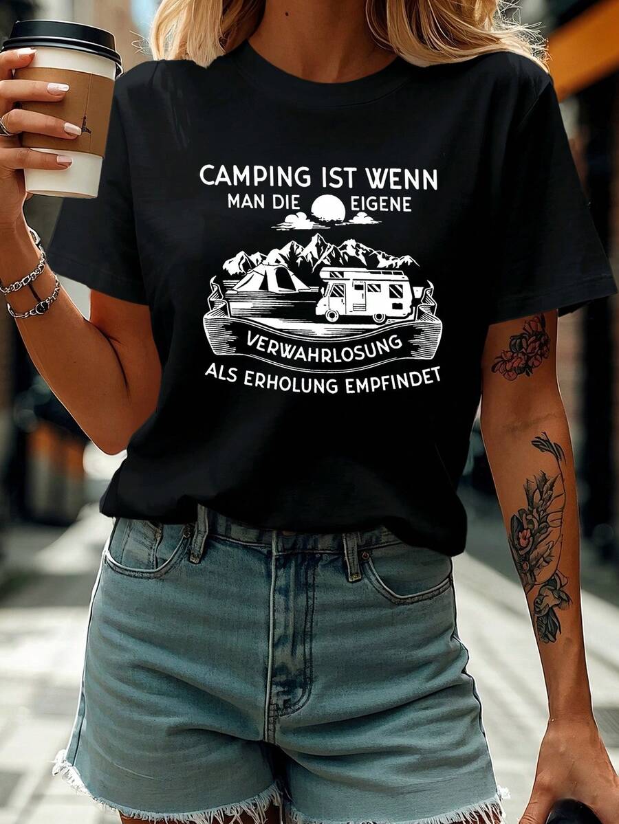 Camping Ist Wenn Men's Die Eigene Carta Print T-Shirt, Short Sleeve Crew Neck Casual Top For Summer And Spring, Women's Clothing - 黑色 - 查看 1