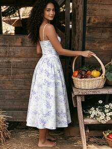 2026 Spring New Women's Clothing: Cross-Border European And American Dress, Elegant French Retro Waist-Cinching Strap Dress - 紫色碎花 - 查看 5