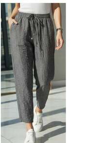 WOMEN CASUAL LOOSE FİT PANTS ELASTİC WAİST - Grey - View 2
