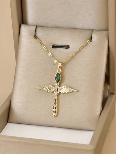 1 Stück modische Halskette aus Edelstahl mit kubischem Zirkonia Flügel für Frauen, Kreuz, Engel, Fee, Gold Schmuck, Sommer, Strand, Urlaubsschmuck, westlicher Schmuck, Geschenk für Frauen, Geburtstagsgeschenk