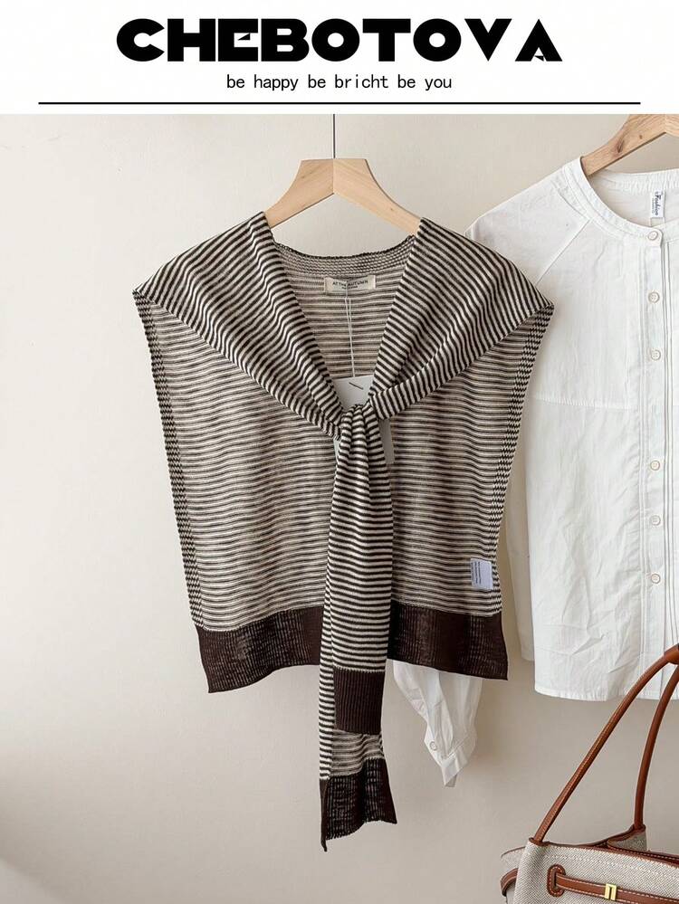 1 chiếc áo khoác cardigan nữ kẻ sọc, áo sơ mi cài cúc phía trước phối màu tương phản, khăn choàng vai dùng trong phòng điều hòa văn phòng. - Nhiều màu - Xem 9
