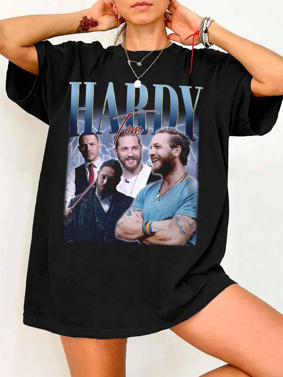Tom Hardy Movie Character Collage Print T-Shirt, 90s Retro Style, Casual Top - Black - View 1