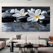 Marco de madera plano 2D 1pc con flores blancas sobre piedras negras Perfecto para decoración de salón acogedor, dormitorio, oficina o cocina, arte de pared festivo - Enmarcado - Ver 3