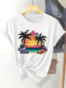 Wo Tropical Beach T-Shirt | Palmeras del atardecer y estampado floral en rosa/naranja/azul/púrpura/rojo - ligero suelto de ajuste casual todos los días y top de vacaciones | Camiseta lavable en máquina de toda la temporada para mujeres, ropa de playa, traje de verano, camiseta de ajuste relajado - Blanco - Ver 2