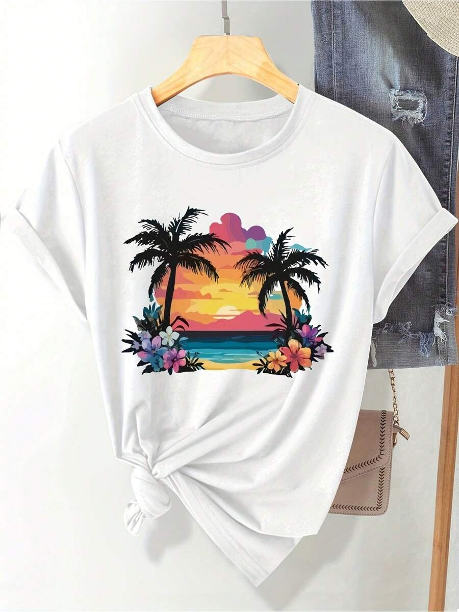 Wo Tropical Beach T-Shirt | Palmeras del atardecer y estampado floral en rosa/naranja/azul/púrpura/rojo - ligero suelto de ajuste casual todos los días y top de vacaciones | Camiseta lavable en máquina de toda la temporada para mujeres, ropa de playa, traje de verano, camiseta de ajuste relajado