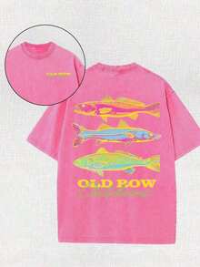Men's Casual Summer Washed Cotton T-Shirt [Old Row Outdoor] Fish Print, Round Neck, Short Sleeves, Lightweight Cotton Knitted Fabric, Casual Summer Ro - Rose Pink - 查看 1
