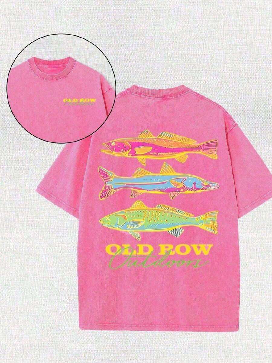 Men's Casual Summer Washed Cotton T-Shirt [Old Row Outdoor] Fish Print, Round Neck, Short Sleeves, Lightweight Cotton Knitted Fabric, Casual Summer Ro - Rose Pink - 查看 1