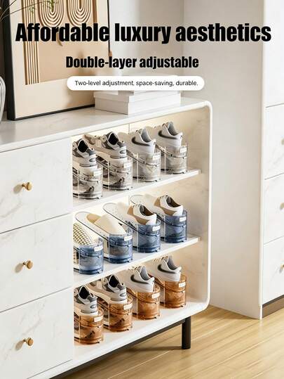 10pcs Adjustable Shoe Rack, Multi-Layer Shoe Organizer, Space-Saving Shoe Shelf, Transparent Shoe Holder, Double-Deck Shoe Storage Rack, Shoe Cabinet Divider, Home Shoe Organizing Tool, Non-Slip Anti-Tipping Design, 3 Colors Available
