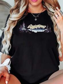 Women'S Short Sleeve, Snowy Mountain Scenery, Winter Forest Printed T-Shirt, Casual Black Crew Neck T-Shirt, Stretch, Machine Washable, Suitable for Spring Summer Fall Athleisure - Negro - Ver 2