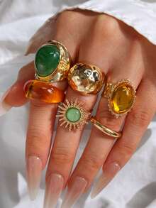 6 pièces Ensemble de bagues vintage de luxe polyvalentes, exquises et élégantes avec un design géométrique unique incrusté de jade. Bagues en métal doré épaisses pour femmes, convenant pour une utilisation quotidienne, la décoration de fête et comme cadeau de bijoux - Multicolore - Voir 4