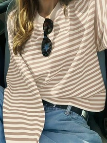 SDNGED Women's Casual Top, Striped Color Block Ribbed Fabric, Everyday Wear Spring/Autumn - Khaki - View 6