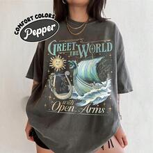Women's Casual Oversized Short Sleeve Round Neck T-Shirt Pullover With Graphic Print, Regular Length Knitted Fabric Top For Streetwear Style - 黑色 - 查看 1