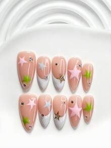10Pcs French Style Handmade Press On Nail,Polygel Nail Set,Colorful Stars,Pink,Green,Blue And White Nail Polish,Fresh And Playful Style,Includes Nail Tools,3 Sizes Available,Square,Short Square,Almond,Nails For Party,Dance,Daily Wear. - 彩色 - 查看 12