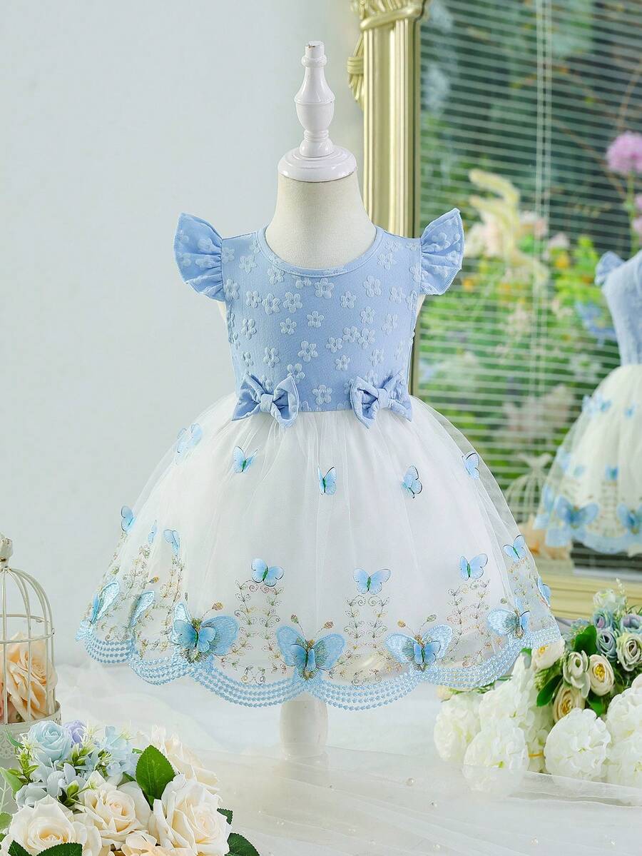 Vestido de verano para niña bebé, ropa infantil para niña pequeña, vestido de princesa de verano con mangas volantes y malla de mariposa - Celeste - Ver 1