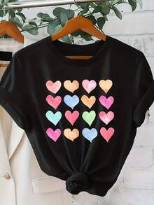Colorful Heart Matrix Sweet American EleWoment Printed Fashionable WoWomen' S Short Sleeve Top Perfect for a Lovely Valentine' S Day Elegant Party Outfit Loose Fitting Summer And Spring T Shirt with Perfect for Casual Attire and Simple Stylish Looks - Negro - Ver 2