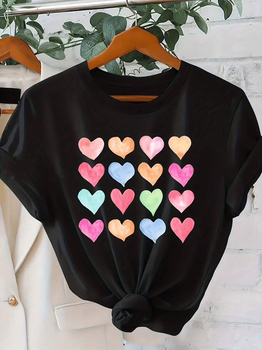 Colorful Heart Matrix Sweet American EleWoment Printed Fashionable WoWomen' S Short Sleeve Top Perfect for a Lovely Valentine' S Day Elegant Party Outfit Loose Fitting Summer And Spring T Shirt with Perfect for Casual Attire and Simple Stylish Looks