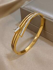 1 pièce Bracelet en acier inoxydable plaqué or 18K, forme demi-vague incrustée de zircone, bracelet pour filles, bijoux en acier inoxydable, bijoux de designer, convient pour le port quotidien/fête, accessoires d'été, accessoires de plage pour filles, Pâques, cadeaux pour la fête des mères, cadeaux d'anniversaire, cadeaux pour petite amie, bijoux bohèmes - Multicolore - Voir 10