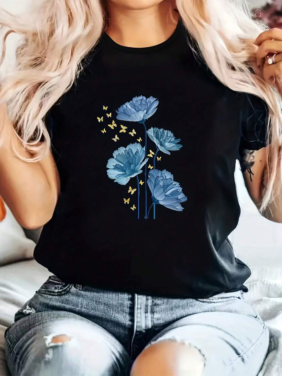 Stylish Women'S Short-Sleeve T-Shirts And Pullovers With Floral Prints, Ideal For Casual For Home Wear Or Outings. These Summer Tops Can Be Matched With Jeans, Sweatpants, Shorts, Or Skirts - 黑色 - 查看 1