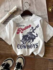 Short-Sleeved T-Shirt, Printed With A Design Of A Cowboy Riding A Horse, Combined With The Phrase "THE ORIGINAL Rodeo" And Cowboy Pants, Brown Leather Boots And A Cowboy Hat, Creating A Strong Western Cowboy Style. 100% Cotton - Putih - View 1