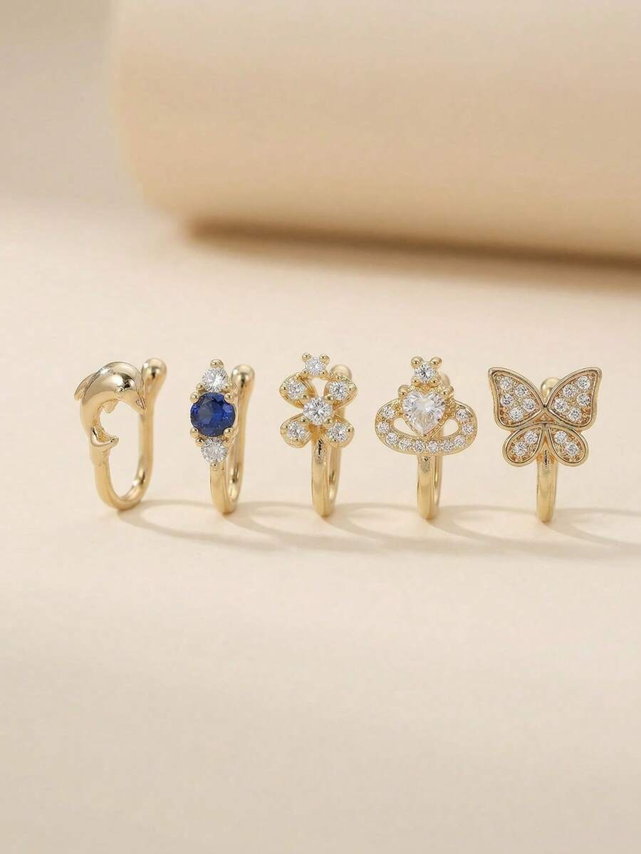 CHOSHILAR 5对装金鼻环套装,蝴蝶、海豚、花朵组合,可调节鼻夹,镶嵌蓝色立方氧化锆,波西米亚优雅时尚设计,适合女性日常佩戴和派对场合 - 金色23 - 查看 1